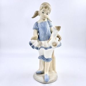 Porcelain Figurine Girl Ballerina & Cat Castille Statue Home Decor White Blue